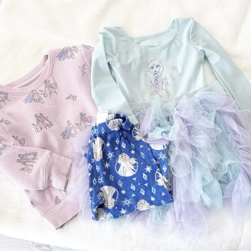 Disney Frozen II Elsa blue purple party dress, PJ, and sweatshirt bundle size 2T